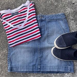 Tommy Hilfiger Shirt Women Small Red Blue Stripe Classic V Neck Tee Cotton